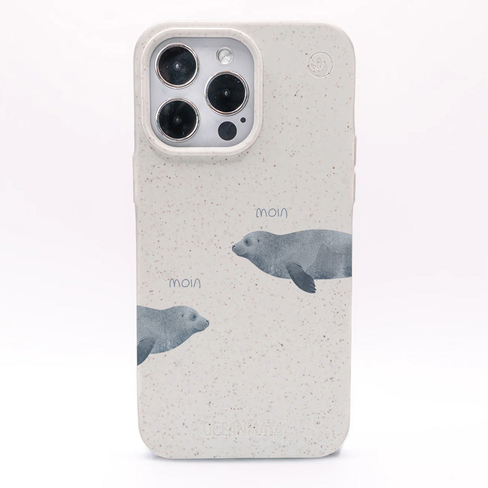 iPhone 16e Hülle - Robbe weiß - "mooornin" - nachhaltig