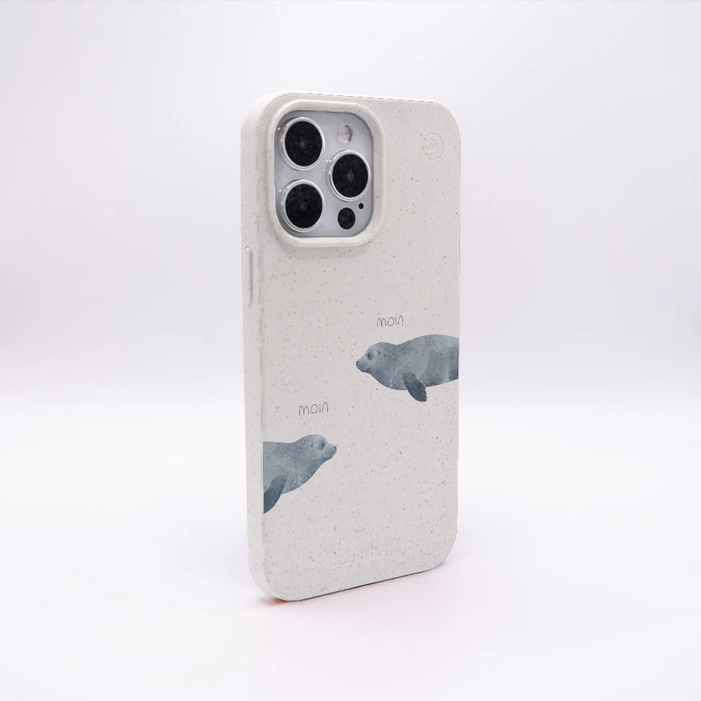 iPhone 14 pro Hülle - Robbe weiß - "mooornin" - nachhaltig